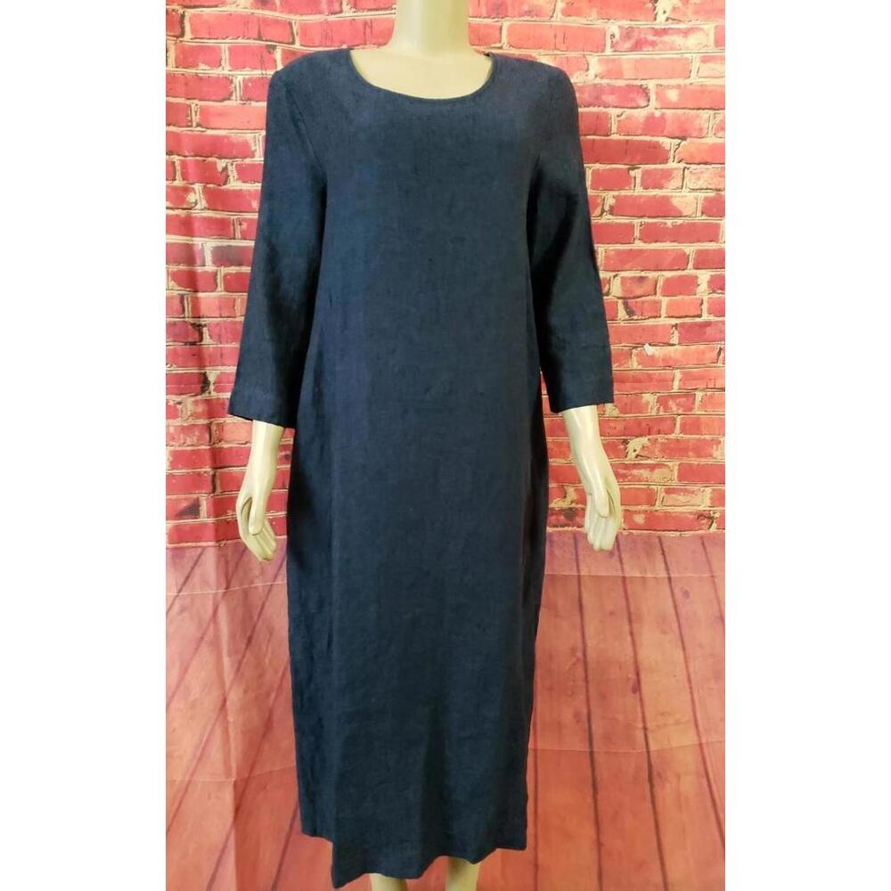 MAKIE Clothier 100% Linen 3/4 Sleeve Navy Women's Size M Tunic Dress Pockets #C